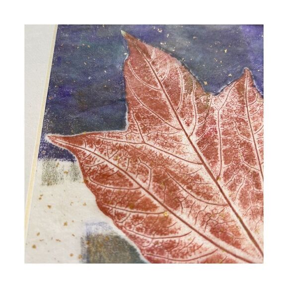 Maple Leaf Art Print Monotype Block Oil Ink Fall Autum Sz 5 x 7 Burgundy Green - Picture 5 of 7